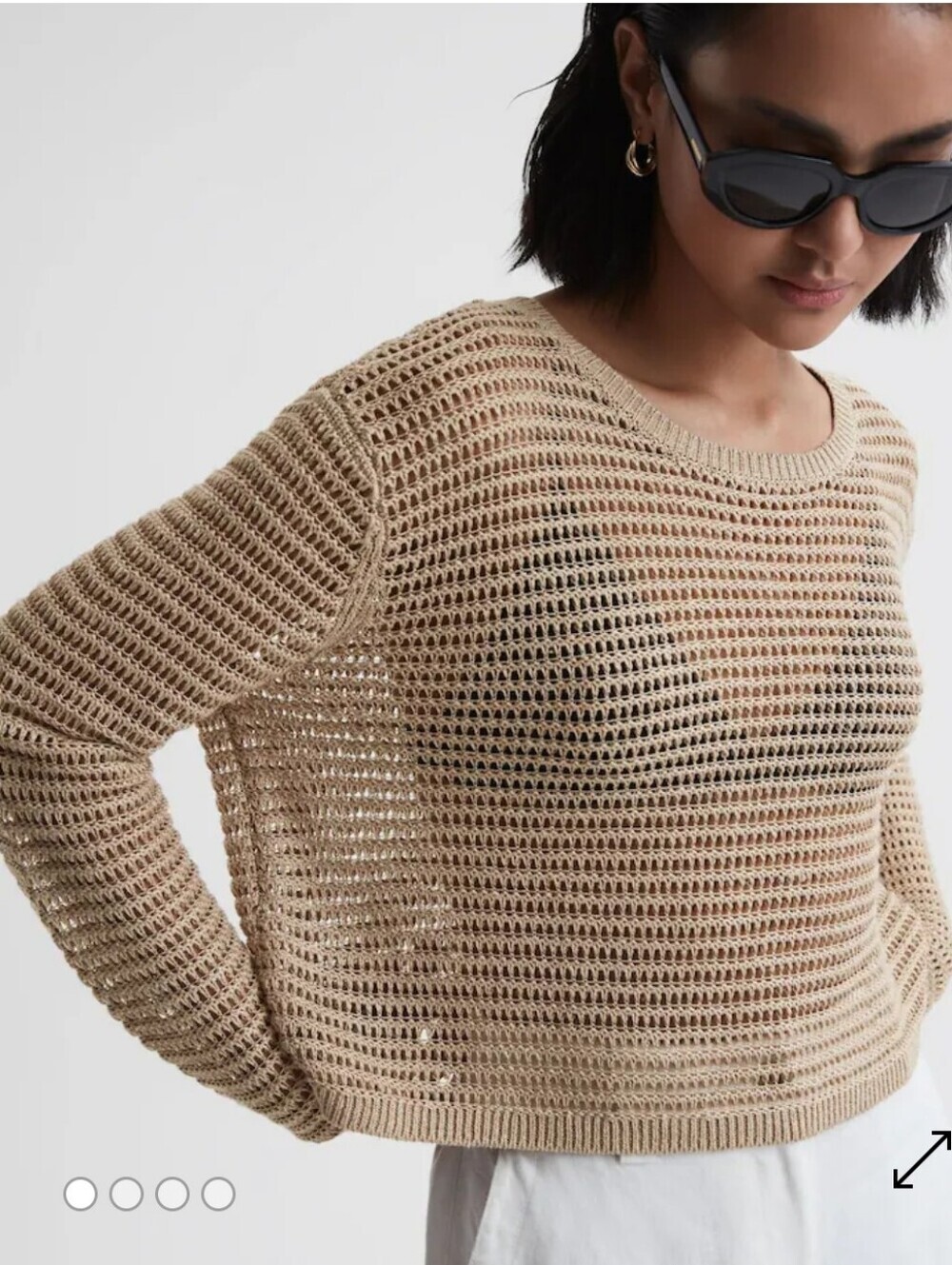 Reiss Avril Linen Open Stitch Knit Crewneck Sweater Neutral Tan XS Resortwear